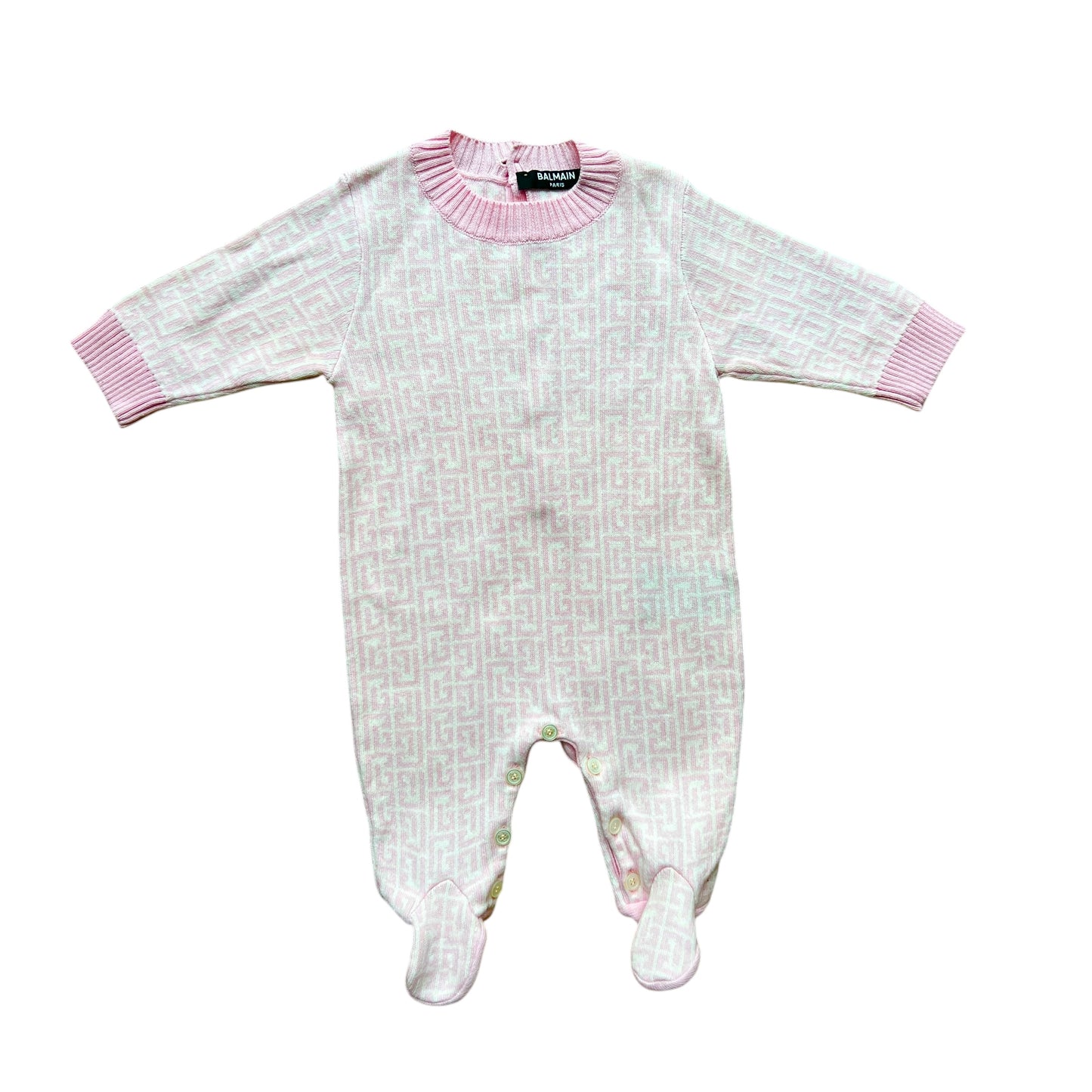 Tutina monogram bianco e rosa filo di cotone Balmain - 1/3 mesi