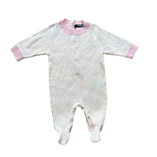 Tutina monogram bianco e rosa filo di cotone Balmain - 1/3 mesi