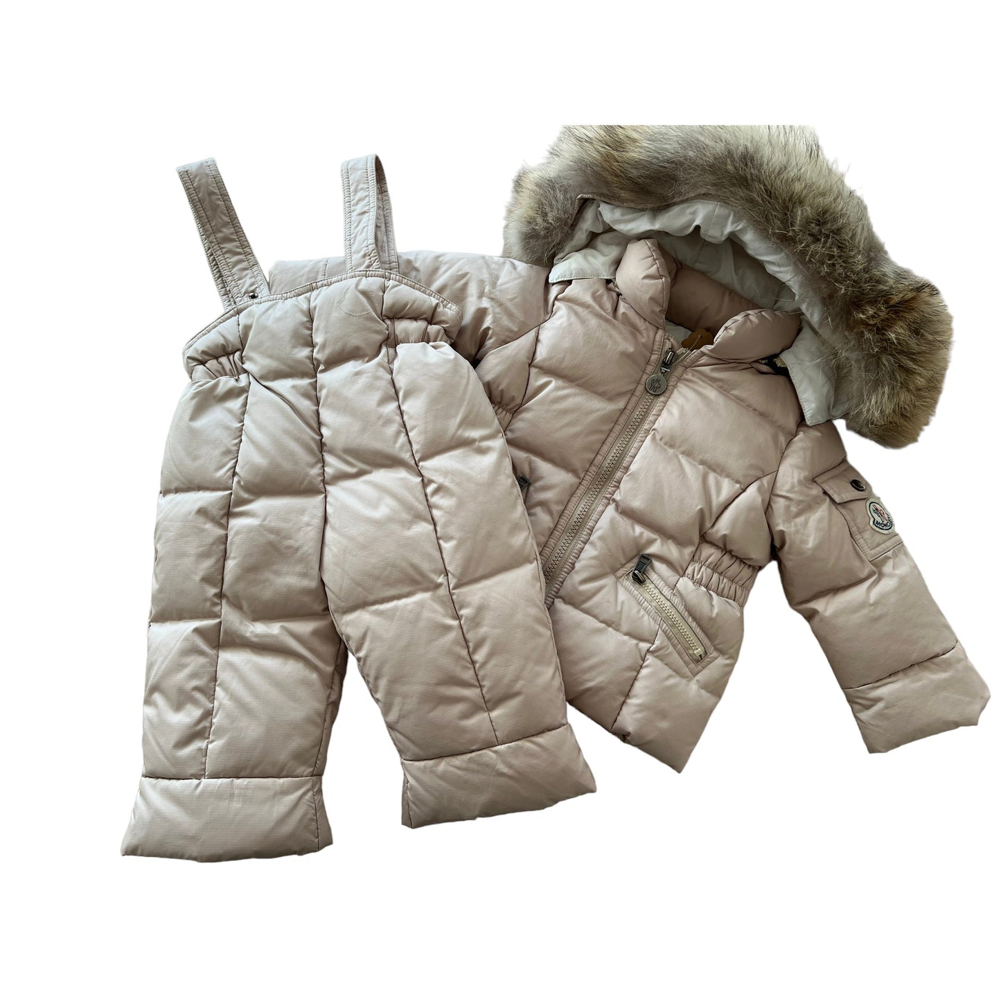Completo giacca pantalone piumino Moncler beige con pelo - 6/9 mesi