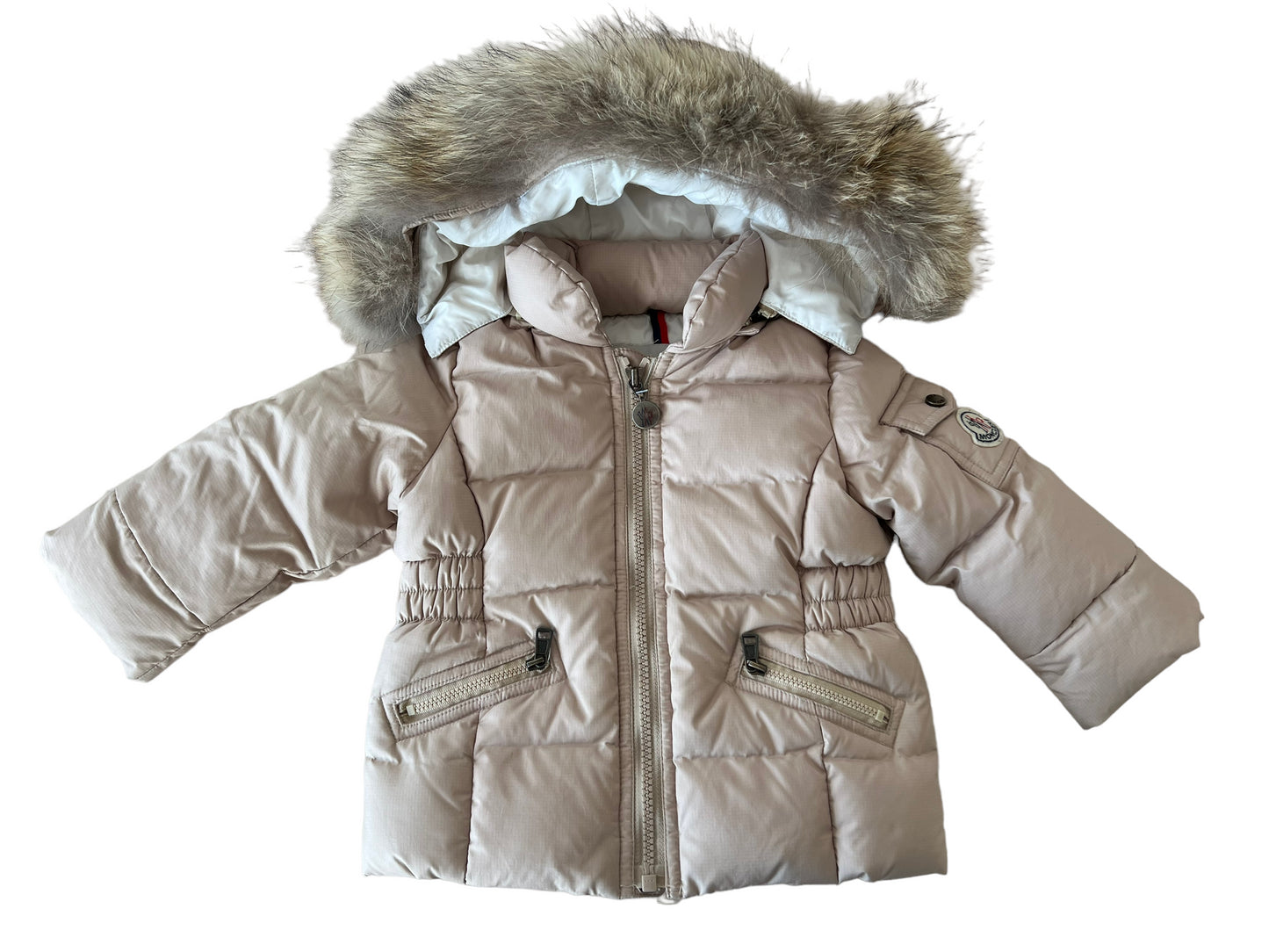 Completo giacca pantalone piumino Moncler beige con pelo - 6/9 mesi