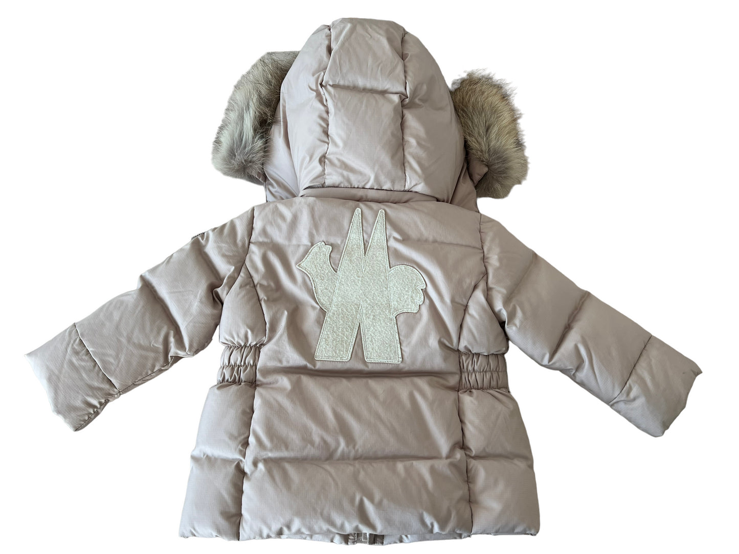 Completo giacca pantalone piumino Moncler beige con pelo - 6/9 mesi