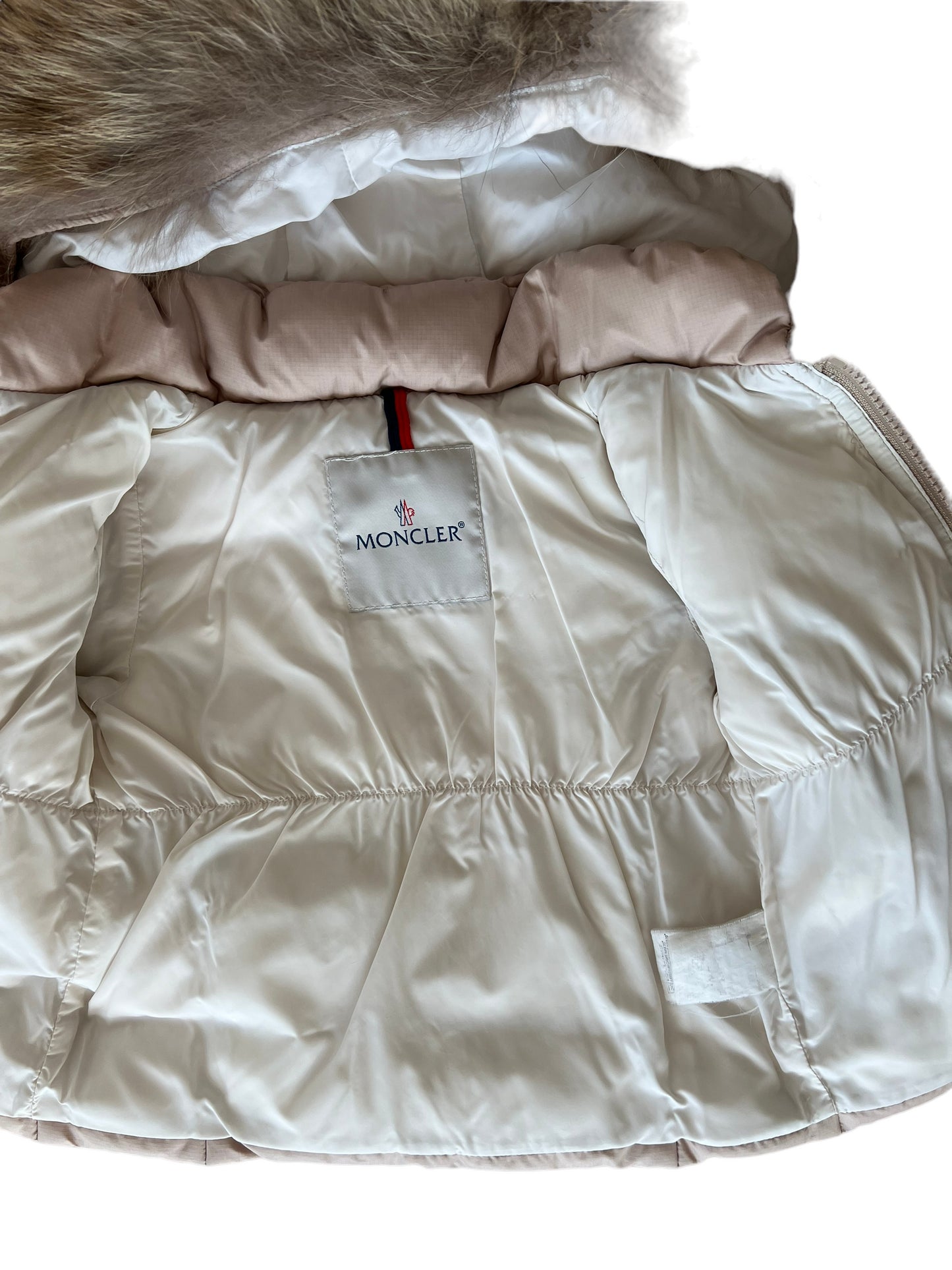 Completo giacca pantalone piumino Moncler beige con pelo - 6/9 mesi